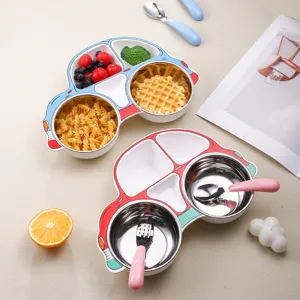 Kids Stainless Steel Car Shaped Divided Dinner Plate Cute Cartoon Toddler Feeding Tableware Set