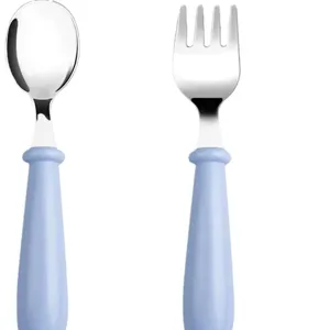 Stainless steel baby spoon and fork set with short light blue handles for training kids.
