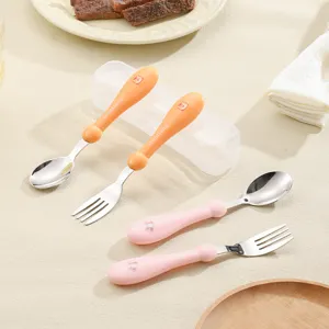 Stainless steel kids fork and spoon set with silicone soft handles and portable storage box.