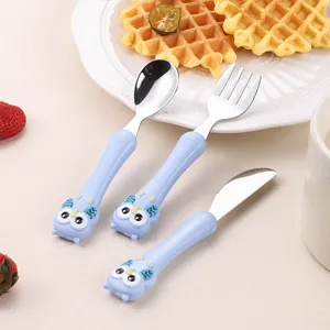 Set posate per bambini in acciaio inossidabile con manico a gufo blu, cucchiaio forchetta addestramento.