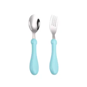Juego de cubiertos infantiles de acero inoxidable, vajilla azul claro para la comida del bebe.