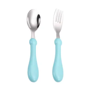 Set cuillère et fourchette pour enfants en acier inoxydable poignée bleue bébé vaisselle