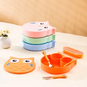 Children's Divided Dinner Plate Set Cartoon Owl Stainless Steel Baby Complementary Food Bowl Spoon Fork Tableware Set