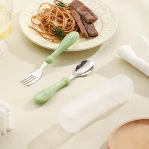 304 stainless steel kids fork spoon set with silicone handle and transparent storage box