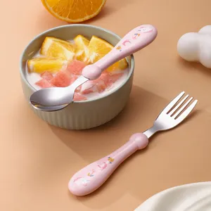 Ensemble Fourchette Et Cuillère En Acier Inoxydable 304 Pour Enfants Bébé Mignon Dessin Animé Vaisselle Couverts D'Entraînement