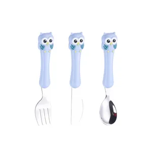 Set di posate per bambini in acciaio inossidabile gufo blu carino per addestramento del bambino.