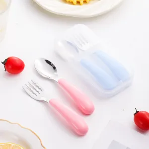 Stainless Steel Baby Spoon Fork Set Portable Infant Training Tableware with Case