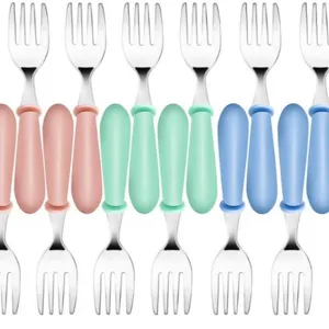 Stainless steel kids forks set with colorful handles, durable portable toddler cutlery set.