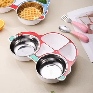 Kids stainless steel car divided dinner plate cartoon baby complementary food bowl set.