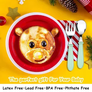 Stainless steel baby cutlery set with cute green handles, perfect for toddlers and kids meals.