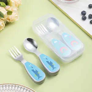Kinder 304 Edelstahl Gabel Löffel Set mit tragbarem Etui süßes Cartoon Kleinkind Geschirr