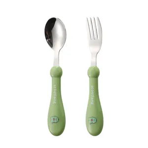 Stainless Steel Kids Fork and Spoon Set Cute Dinosaur Toddler Cutlery Green Soft Handle