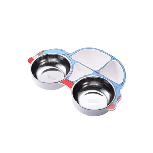 Stainless steel kids divided car dinner plate cute cartoon baby food supplement feeding bowl set