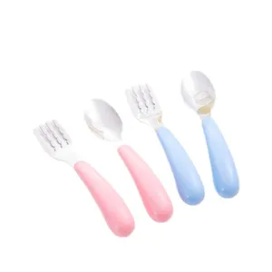 Stainless steel baby spoon and fork set, portable training cutlery for toddlers learning to eat.