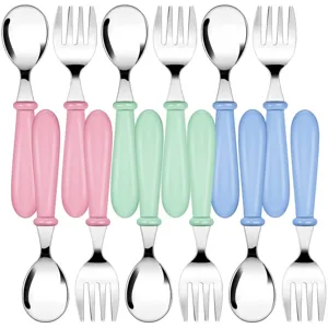 12-piece stainless steel kids cutlery set with colorful round handles for daily meals