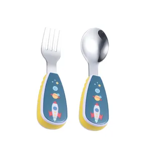 Niedliches Kinder Gabel und Löffel Set aus Edelstahl mit Kurzem Griff für Babys Training
