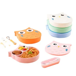 Cute cartoon owl children divided dinner plate set with spoon and fork for kids feeding