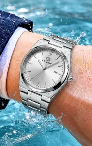 Business men quartz watch with stainless steel strap, calendar display, and 3ATM waterproof design.