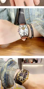 Men's automatic mechanical watch with tonneau skeleton dial and leather strap stylish business.