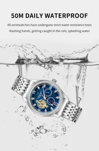 Luxury automatic mechanical watch with blue dial, stainless steel strap, and waterproof design.