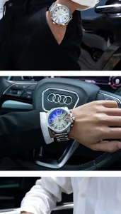 Men's large dial business quartz watch with metal strap, stylish waterproof wrist watch.