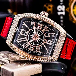 Luxury full diamond tonneau quartz watch for men with red leather strap and stylish dial.