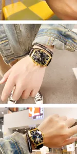 Men's automatic mechanical watch tonneau gold case leather strap business casual wristwatch