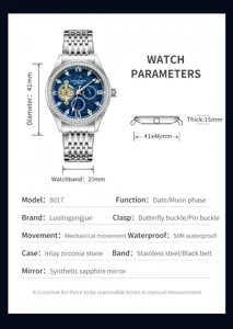 Detailed specification view of blue dial mechanical watch with zirconia bezel and steel strap.