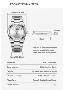 Classic business men's quartz watch with 316L stainless steel strap and sapphire crystal.