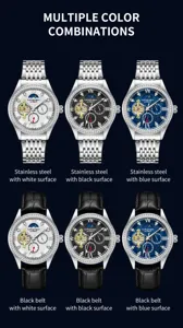 Automatic mechanical watch skeleton dial multiple color combinations stainless steel strap