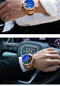 Men business oversized dial watch rose gold metal strap luminous calendar quartz waterproof wristwatch