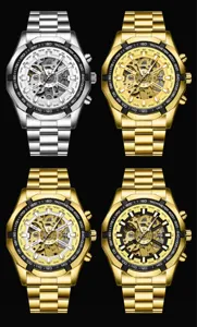 Close-up detail of full skeleton automatic mechanical watch with stainless steel band and tachymeter.