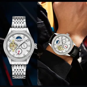 Men automatic mechanical watch with moon phase hollow dial rhinestone bezel stylish timepiece