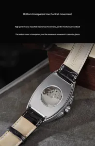 Tonneau automatic mechanical watch for men, business minimalist skeleton design with leather strap.