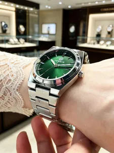 Men's stainless steel watch with green sunburst dial, elegant business casual design and date function.