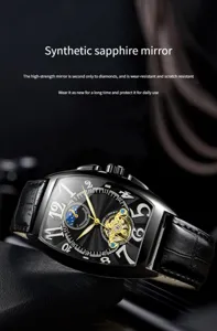 Detailed view of luxury men automatic skeleton mechanical watch with black leather strap.