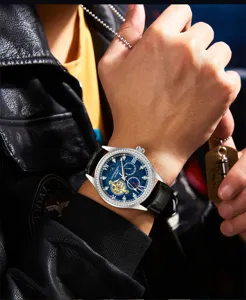 Stunning blue star dial mechanical watch close-up, diamond bezel and leather strap detail showcase.