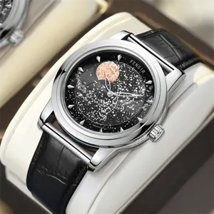 FENSIR Men's Starry Dial Quartz Watch Luxury Business Waterproof Wristwatch with Leather Strap