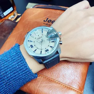 Men's oversized dial quartz watch with black leather strap and metal case for business casual.