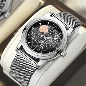 FENSIR Men's Quartz Watch Starlight Dial Mesh Strap Waterproof Luminous Wristwatch