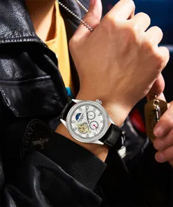 Men automatic mechanical watch with white dial, crystal bezel and black leather strap.