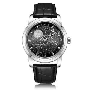 FENSIR men quartz watch with black leather strap and starry night dial elegant timepiece