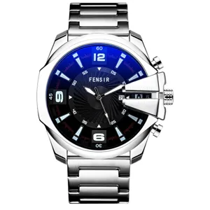 Men's oversized stainless steel quartz watch with bold dial and prominent crown guard design.