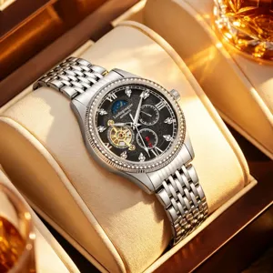 Men Automatic Mechanical Watch Stainless Steel Bezel Rhinestone Dial Luminous Hollow Waterproof Business Wristwatch