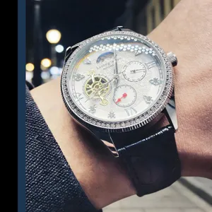 Luxury automatic mechanical watch with sparkling rhinestone bezel and skeleton dial for men