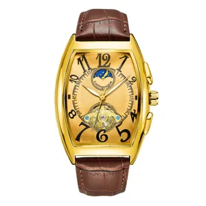 Men gold tonneau mechanical watch with brown leather strap automatic luxury wristwatch.