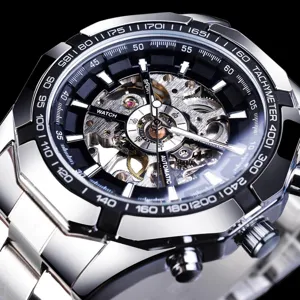 Men automatic mechanical skeleton watch stainless steel waterproof luxury sport wristwatch
