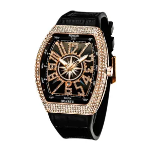 Men's luxury diamond paved tonneau quartz watch featuring a black dial and comfortable leather strap.