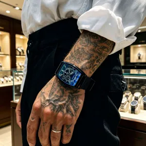 Men luxury tonneau quartz watch with black dial and strap, fashion business waterproof timepiece.