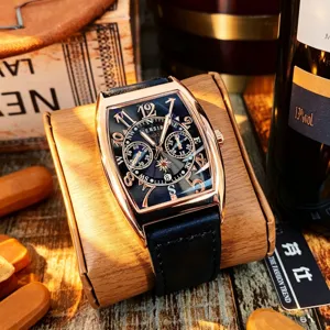 Mens tonneau quartz watch with rose gold case black dial and leather strap stylish business